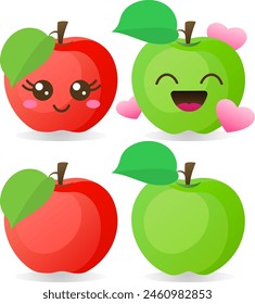 Cartoon vector kavai set of funny apples on white background