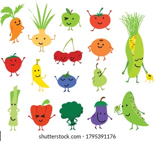 Cartoon Vector Kawaii Cute And Funny Fruits And Veg, Characters Isolated On White Background