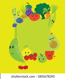 Cartoon Vector Kawaii Cute And Funny Fruits And Veg, Characters On A Poster On Green Background With Copyspace