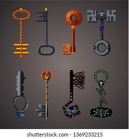 Cartoon vector keys set. Vintage vector icon. Fantasy assets. Game design concept for gui.