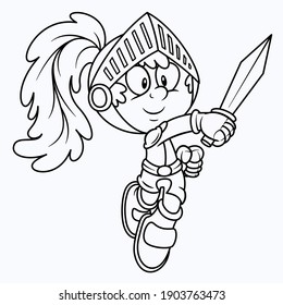 Cartoon Vector Knight Illustration. Cute Kid Knight With Sword And Green Feather On Helmet. Medieval Armor Costume. Chivalry Soldier Uncolored Line Art Image. Coloring Book Or Page For Kids And Child.