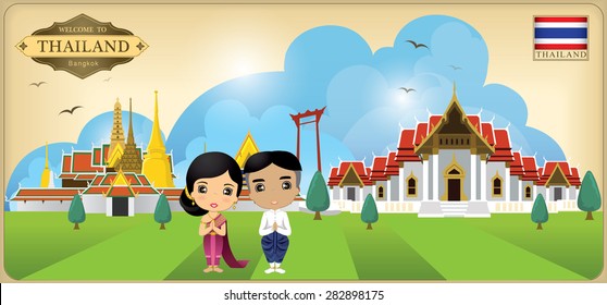 cartoon vector landmark of Bangkok Thailand, Asia boy & girl in thai dress