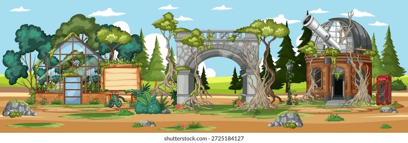 Cartoon vector landscape of abandoned observatory, greenhouse, and stone arch overrun by trees
