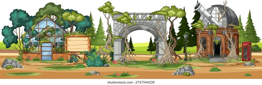 Cartoon vector landscape of abandoned scientific buildings and stone arch overgrown with trees and vines