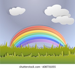 Cartoon vector landscape after rain. Rainbow and clouds above green grass. Paper art style.
