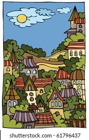 cartoon vector landscape with city