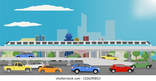Cartoon vector landscape city with cars running on the street and high speed train.