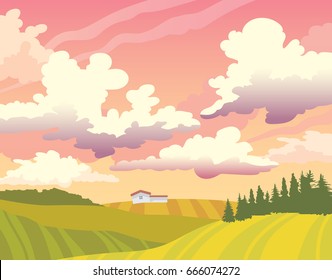 Cartoon vector landscape with green field, forest, house and sunset sky with clouds. Summer natural vector illustration. 