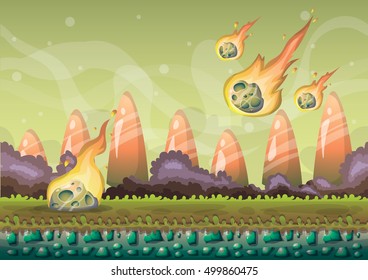 cartoon vector landscape with meteor background with separated layers for game art and animation game design asset in 2d graphic