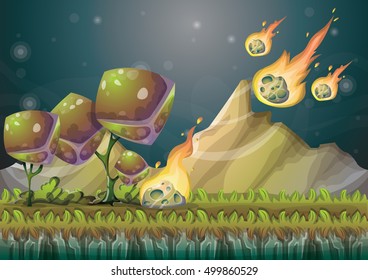 cartoon vector landscape with meteor background with separated layers for game art and animation game design asset in 2d graphic