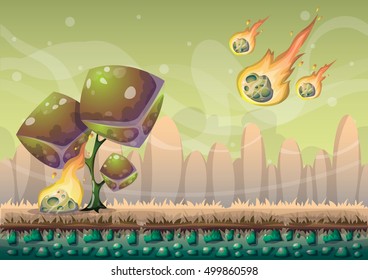 cartoon vector landscape with meteor background with separated layers for game art and animation game design asset in 2d graphic