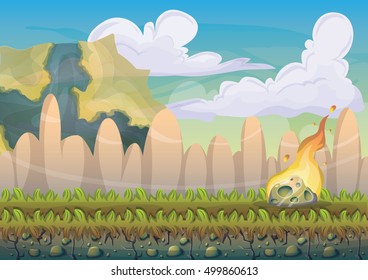 cartoon vector landscape with meteor background with separated layers for game art and animation game design asset in 2d graphic