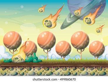 cartoon vector landscape with meteor background with separated layers for game art and animation game design asset in 2d graphic