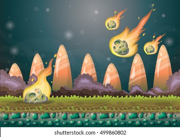 cartoon vector landscape with meteor background with separated layers for game art and animation game design asset in 2d graphic