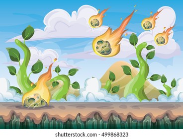 cartoon vector landscape with meteor background with separated layers for game art and animation game design asset in 2d graphic