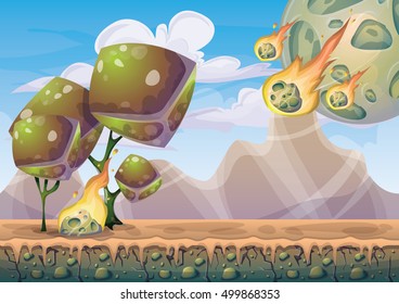 cartoon vector landscape with meteor background with separated layers for game art and animation game design asset in 2d graphic