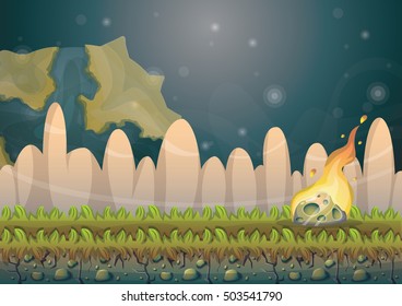 cartoon vector landscape with meteor background with separated layers for game art and animation game design asset in 2d graphic