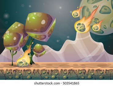 cartoon vector landscape with meteor background with separated layers for game art and animation game design asset in 2d graphic