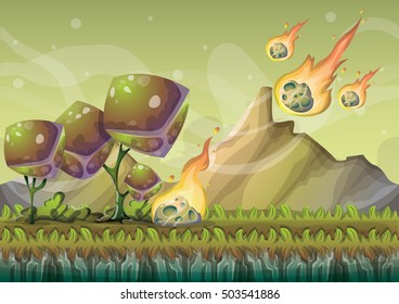 cartoon vector landscape with meteor background with separated layers for game art and animation game design asset in 2d graphic