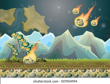 cartoon vector landscape with meteor background with separated layers for game art and animation game design asset in 2d graphic