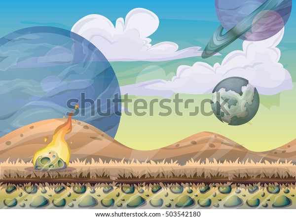 cartoon vector landscape with meteor background\
with separated layers for game art and animation game design asset\
in 2d graphic