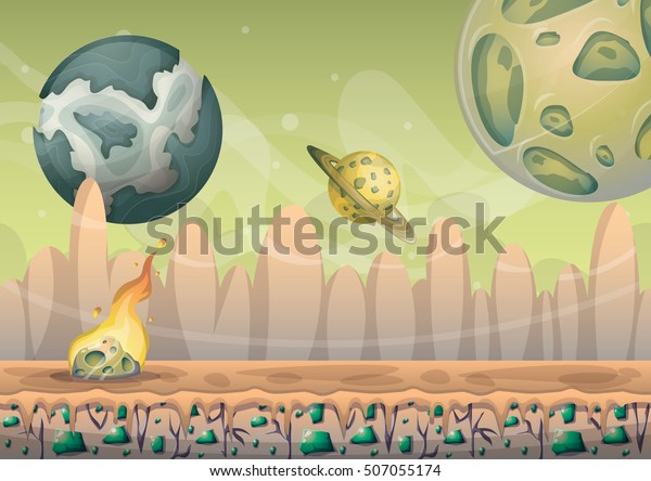 cartoon vector landscape with meteor background\
with separated layers for game art and animation game design asset\
in 2d graphic