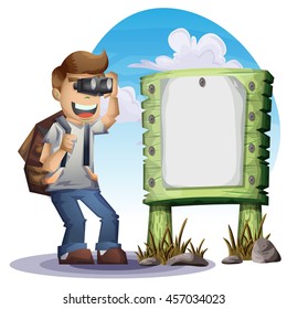 Cartoon vector landscape on the theme of adventures and outdoor recreation with separated layers