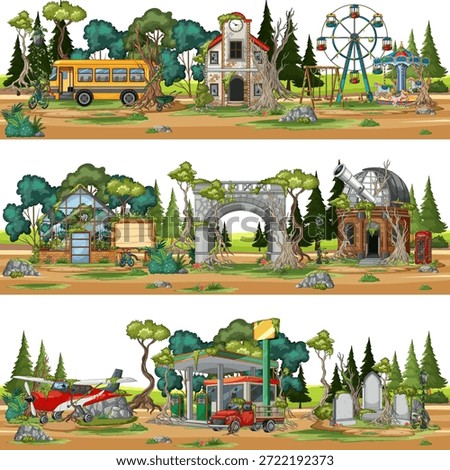 Cartoon vector landscape of overgrown abandoned park, town structures, and vehicles in forest setting
