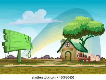 Cartoon vector landscape with separated layers for game and animation, game design asset