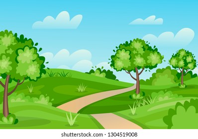 Cartoon vector landscape, trees and bushes, green grass.