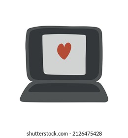 Cartoon vector laptop icon with a heart on the screen.