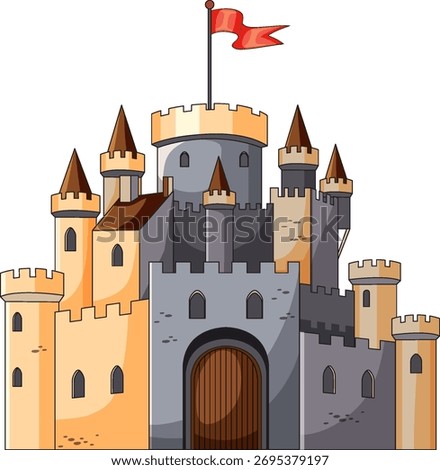 Cartoon vector of large medieval stone castle with towers, battlements, wooden gate, and red flag.