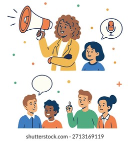 Cartoon-Vektor des Führers sprechen durch Megaphon und Team Kommunikation. Moderner flacher Stil, der Führungsqualitäten, öffentliches Reden, Messaging, Feedback und Teamwork-Kommunikationskonzept zeigt.