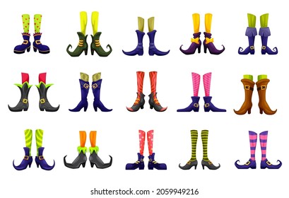 Cartoon vector legs of fairy, witch, sorceress, hellcat, elf and enchantress. Halloween, fairytale, christmas or saint patrick day characters. Cute funny feet in boots, striped stoking and nosy shoes