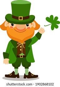 Cartoon vector leprechaun with clover, funny character for design of cards, invitation, poster to Happy Patrick's Day. Colorful image isolated on white background