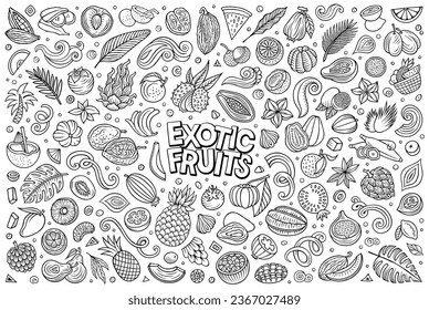 Cartoon vector line art doodle set features a variety of Exotic Tropical Fruits objects and symbols. The collection has a whimsical, playful feel. Perfect for various projects.