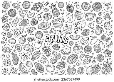 Cartoon vector line art doodle set features a variety of Fruits objects and symbols. The collection has a whimsical, playful feel. Perfect for various projects.