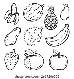 Cartoon Vektor Linie Kunst Doodle-Set verfügt über eine Vielzahl von Fruits Objekte und Symbole.