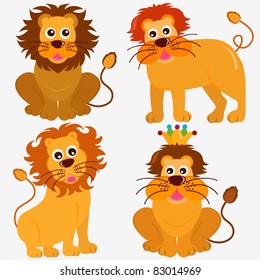 Cartoon Vector of Lion, King of the jungle. A set of cute and colorful icon collection isolated on white background