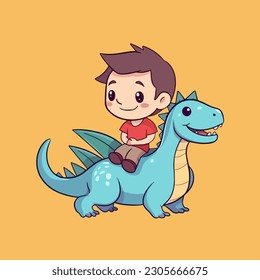 Cartoon vector of a little boy riding a dinosaur dragon with a happy expression, in a flat style