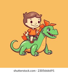 Cartoon vector of a little boy riding a dinosaur dragon with a happy expression, in a flat style