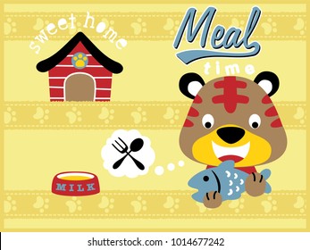 cartoon vector of little cat holding fish, pets element cartoon
