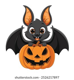 Vector de dibujos animados pequeño lindo murciélago negro con alas sentado en la calabaza naranja de Halloween