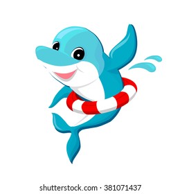 Cartoon Vector little dolphin with lifebuoy
