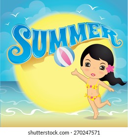 cartoon vector little girl playing Beach volleyball, summer holiday sea background