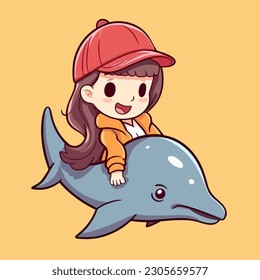 Cartoon vector of a little girl riding a dolphin with a happy expression, in a flat style