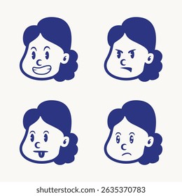 Cartoon vector of a little girl showing four expressions: happy, excited, talking, and sad. Ideal for educational tools, UI stickers, children’s books, or emotional expression packs