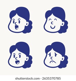 Cartoon vector of a little girl showing four expressions: happy, excited, talking, and sad. Ideal for educational tools, UI stickers, children’s books, or emotional expression packs