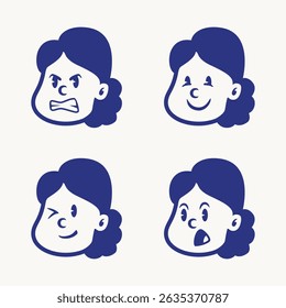 Cartoon vector of a little girl showing four expressions: happy, excited, talking, and sad. Ideal for educational tools, UI stickers, children’s books, or emotional expression packs