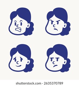 Cartoon vector of a little girl showing four expressions: happy, excited, talking, and sad. Ideal for educational tools, UI stickers, children’s books, or emotional expression packs